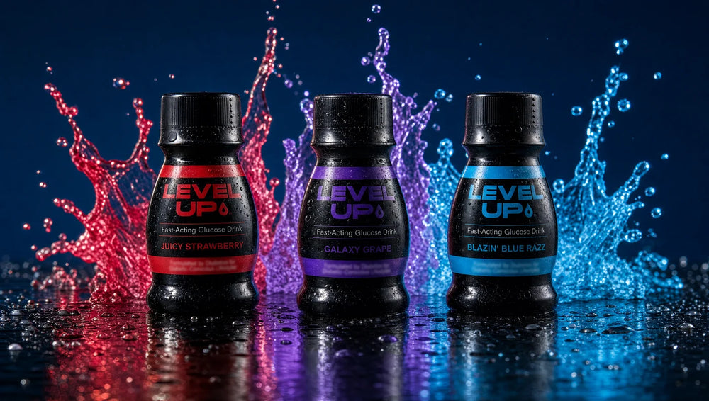 The three LEVEL UP flavors with red, purple and cyan splashes